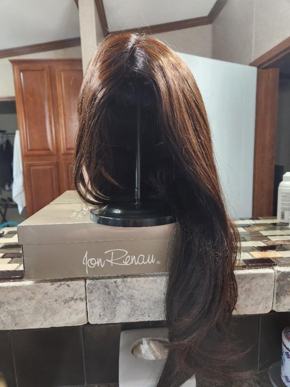 Jon Renau Kim Wig. Lace front, hand ties, human hair, 20 inches long dark brown